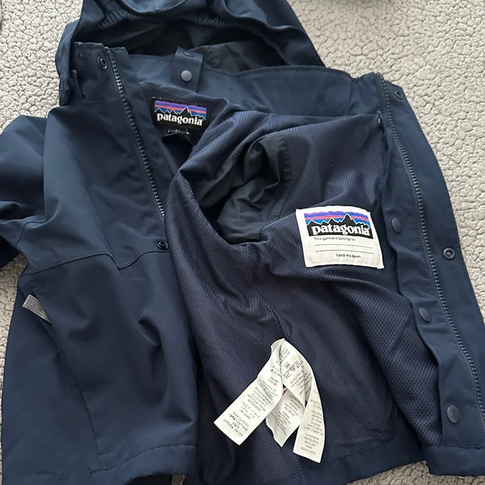 Patagonia Kids Navy Hooded Rain Jacket with Reflective Trim